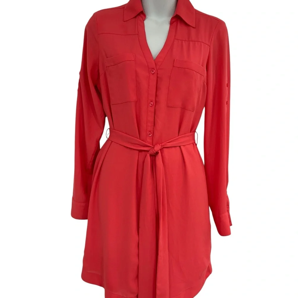 Express Red Long Sleeve Notched Collar Shirt Dress size XS Extra Small Summer